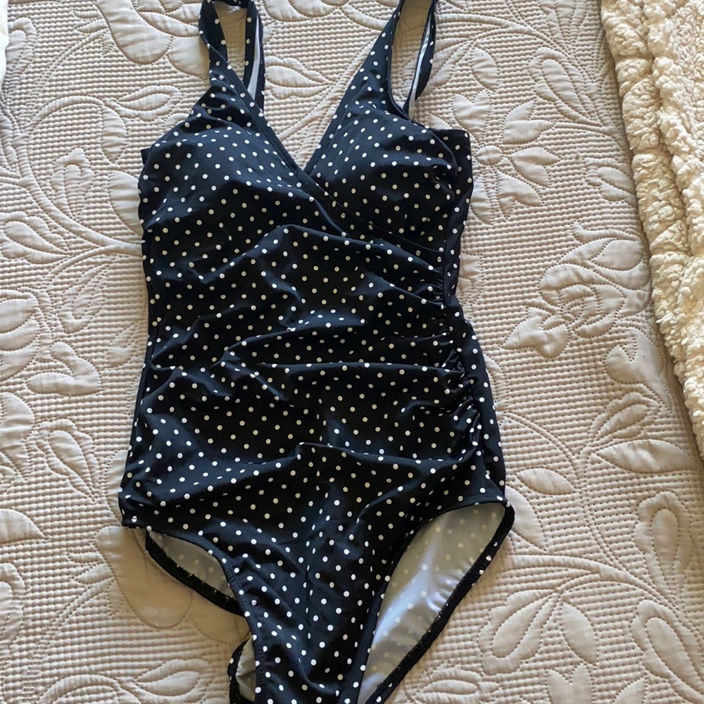 Polka dotted black and white one piece swimsuit
